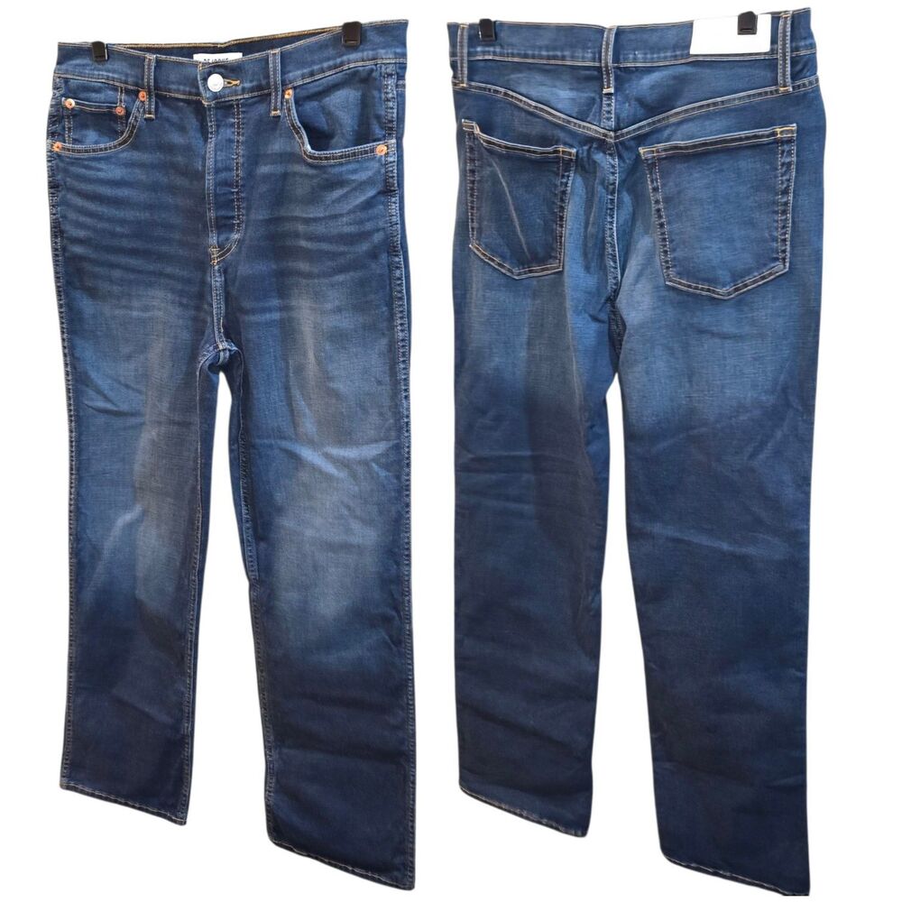 RE/DONE Sz 29 90s High Rise Button Fly Deep Faded Blue Straight Leg Loose Jeans